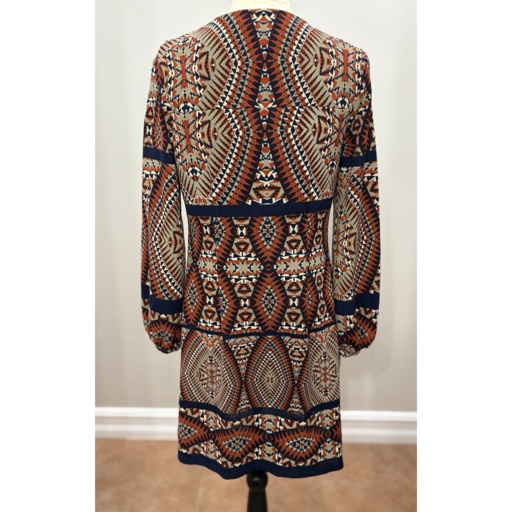 Signature Robbie Bee Petite Small Mini Dress 70's 80's Puff Sleeve Aztec Brown - Picture 3 of 10
